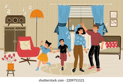 Happy Parents Dancing With Children In Retro Room. Flat Vector Illustration Of Family Enjoying Home Party Music, Having Fun Together. Mother And Father Celebrating Holiday With Kids, Weekend Leisure