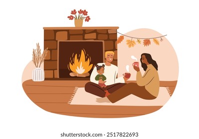 Padres felices con la hija en la chimenea en otoño. Concepto de celebración de Acción de Gracias. Ilustración vectorial plana dibujada a mano.