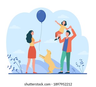 Happy parents with daughter having fun together. Dog, father, mother flat vector illustration. Family and parenthood concept for banner, website design or landing web page