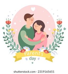Happy parents day card. Mother and father hugging and kissing. Young family gift cartoon illustration 