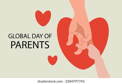 Happy Parents Day. The child holds the parent's hand, on a background in the shape of a heart. Vector love illustration for world parents day