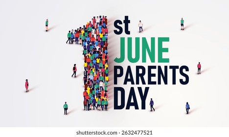 Happy parents day concept poster. Large group of people stands in the shape of the number 1. 1st of June. Vector illustration.