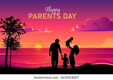 Happy Parents Day Family Illustration at Sunset by the Sea