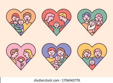 Feliz día de los padres. Fotos familiares en forma de corazón. ilustración vectorial mínima de diseño plano.