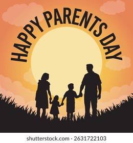 Happy Parents Day Family Silhouette at Sunset – Vector Illustration of Parents and Children Holding Hands
