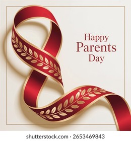 Happy Parents Day glossy ribbon, red and gold, elegant style, white background, shiny vector celebration design
