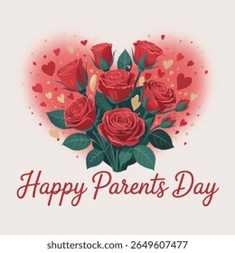 Happy Parents Day greeting card, red heart background, handwritten typography, elegant, warm, love, vector style
