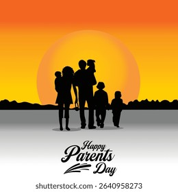 Happy Parents Day illustration vector, a large family walking towards sunset