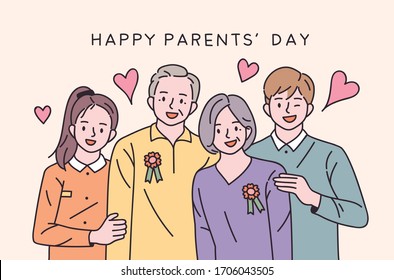 Happy parents' day. Old parents and children. flat design style minimal vector illustration.