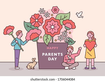 Feliz día de los padres. Gente decorando macetas gigantes de claveles y animales lindos. ilustración vectorial mínima de diseño plano.