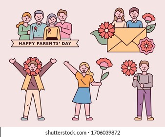 Happy parents' day. People who decorated carnation flowers. flat design style minimal vector illustration.