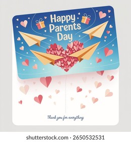 Cartão postal Feliz Dia dos Pais com elementos voadores de papel e caixa de presente no fundo azul do céu. Símbolos vetoriais de amor em forma de coração para o design de cartão de saudação
