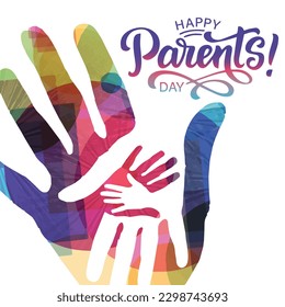Happy parents day. Silhouette of colorful family hands in watercolor splash style. Vector illustration for a global day of parents