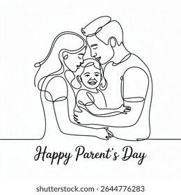 Feliz Dia dos Pais Uma linha contínua desenhando pais beijando sua menina em suas bochechas. Criança adorável com uma expressão inocente.  Ilustração de vetor de design gráfico com desenho de uma linha 
