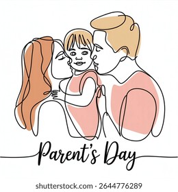 Feliz Dia dos Pais Uma linha contínua desenhando pais beijando sua menina em suas bochechas. Criança adorável com uma expressão inocente.  Ilustração de vetor de design gráfico com desenho de uma linha 