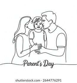 Feliz Dia dos Pais Uma linha contínua desenhando pais beijando sua menina em suas bochechas. Criança adorável com uma expressão inocente.  Ilustração de vetor de design gráfico com desenho de uma linha 