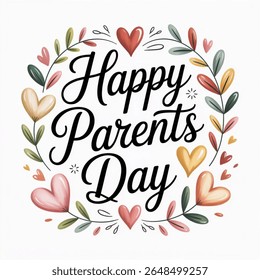 Happy Parents Day wishes calligraphy and doodles heart. Handwritten phrase with elegant lettering Greeting card vector design isolated on  white background
