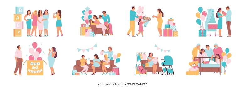 Happy parents during baby shower party and with newborn babies flat set isolated vector illustration