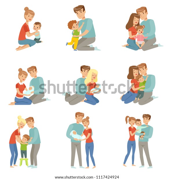 子どもを抱きしめる幸せな両親 子どもを抱きしめる母親と父親 幸せな家族のコンセプトベクターイラスト 白い背景 のベクター画像素材 ロイヤリティフリー