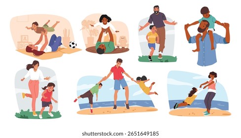 Pais felizes desfrutando de tempo de ligação jogando jogos engraçados com crianças adoráveis passando passatempo juntos dentro e ao ar livre nos fins de semana conjunto de cena de desenhos animados isolados. Ilustração do vetor parentalidade