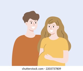 Happy parents expecting their child. Smiling husband and pregnant wife standing together portrait. Pregnancy, motherhood, Healthcare,  concept. Flat people vector illustration.