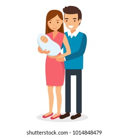 Happy parents, family with a new born baby - vector illustration in flat style. Woman holding a baby