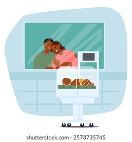 Happy parents feeling love looking at newborn child in incubator box of neonatal intensive care hospital department vector illustration. Premature baby reanimation, treatment and recovery concept