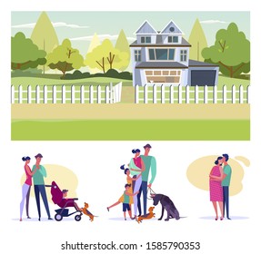 Happy parents flat vector illustration set. Family, couple walking with kids and pets, man hugging pregnant wife. Raising children concept