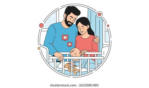 Pais felizes olham carinhosamente para seu novo bebê em um berço