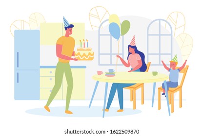 Happy Parents Giving Birthday Cake to Son Flat Cartoon vector Illustration. Mother and Father with Balloons and Holiday Hats. Family Members in Room with Decoration. Chil Having Small Party.