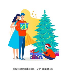 Happy parents giving Christmas gifts to child. Boy unpacking present boxes at Xmas tree flat vector illustration. New Year, family, holiday concept for banner, website design or landing web page