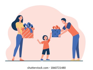 Happy parents giving gifts to son. Boy receiving birthday presents flat vector illustration. Surprise, Christmas, childhood concept for banner, website design or landing web page