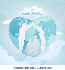 Happy Parents Global Day June 21st illustration with heart-shaped map and parents silhouette and children on blue background design