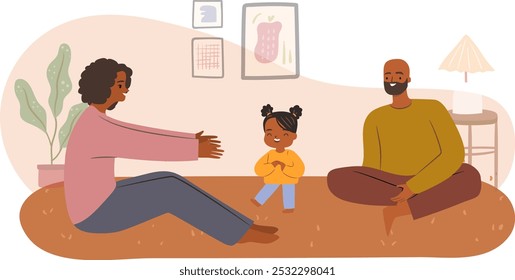 Los padres felices ayudan a sus hijos a aprender a caminar. Concepto de unión familiar. Ilustración vectorial plana dibujada a mano.