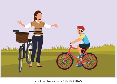 Happy Parents with her child riding bike together. Outdoor leisure activities concept. Colored flat vector illustration isolated.