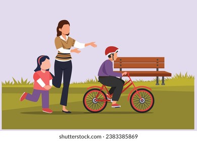 Happy Parents with her child riding bike together. Outdoor leisure activities concept. Colored flat vector illustration isolated.