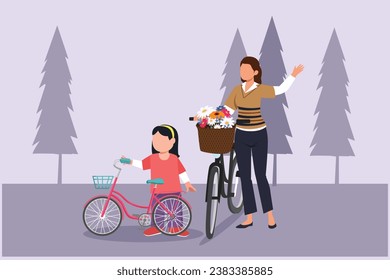 Happy Parents with her child riding bike together. Outdoor leisure activities concept. Colored flat vector illustration isolated.