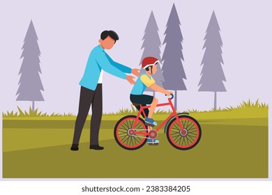 Happy Parents with his child riding bike together. Outdoor leisure activities concept. Colored flat vector illustration isolated.