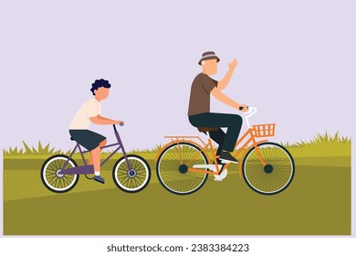 Happy Parents with his child riding bike together. Outdoor leisure activities concept. Colored flat vector illustration isolated.