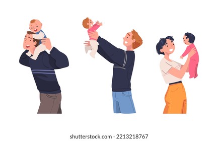 Happy parents holding babies set. Father and mother hugging small baby cartoon vector illustration