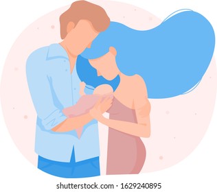 Happy parents holding a newborn in their arms. Parenthood concept.
Stock flat modern vector illustration.
