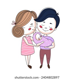 Happy parents holding a newborn in their arms. Admire your child. The joy of parenthood. Taking care of the baby. Images produced without the use of any form of AI software at any stage. 