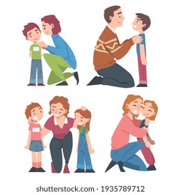 Happy Parents Hugging and Kissing their Kids Set, Parenthood Concept Cartoon Style Vector Illustration