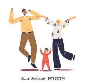 Happy parents jumping up with little baby kid. Cheerful young mom, dad and small boy jump, having fun cheering. Family happiness and parenting concept. Cartoon flat vector illustration