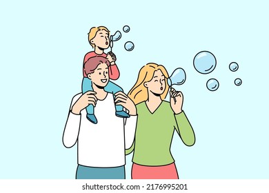 Happy parents with kid have fun together outdoors blowing bubbles. Smiling family with small child soap bubble blowing in park on weekend. Vector illustration. 