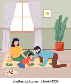 Happy parents and kid playing board game at home. Couple with teenage child enjoying fun time in living room with twister game. For family entertainment, leisure, parenthood concept, mom, dad and son