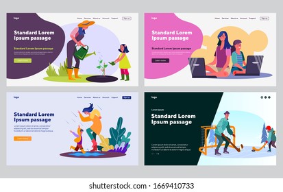 Happy parents and kids activities set. Gardening, walking in autumn, ice hockey. Flat vector illustrations. Childhood, lifestyle concept for banner, website design or landing web page