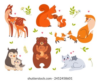 Happy parents and kids animals. Cute mothers with children, wildlife characters, cartoon fauna families, babies with moms, deer with fawn, fox and bear, cat and owl, vector cartoon flat set