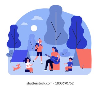 Alegres padres e hijos disfrutando de acampar. Niños y adultos sentados en carpas, tocando la guitarra con ilustración vectorial plana. Concepto de actividades familiares al aire libre para banner, diseño de sitios web o página web de aterrizaje