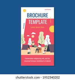 Happy parents and kids enjoying camping. Children and adults sitting at tents, playing guitar flat vector illustration. Family outdoor activities concept for banner, website design or landing web page